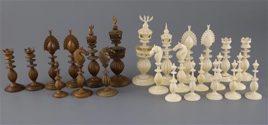 An 18th century Anglo Indian brown stained and natural ivory part chess set, king 5in.